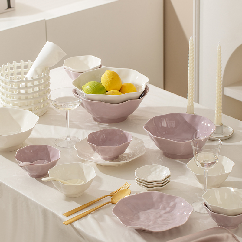 奶油风碗碟套装碗盘家用高颜值餐具手捏不规则陶瓷饭碗面碗沙拉碗