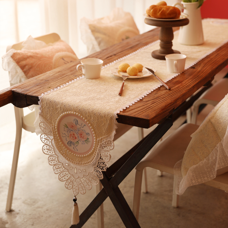 韩式田园流苏餐桌旗法式复古蕾丝装饰桌旗立体刺绣桌布斗柜盖巾