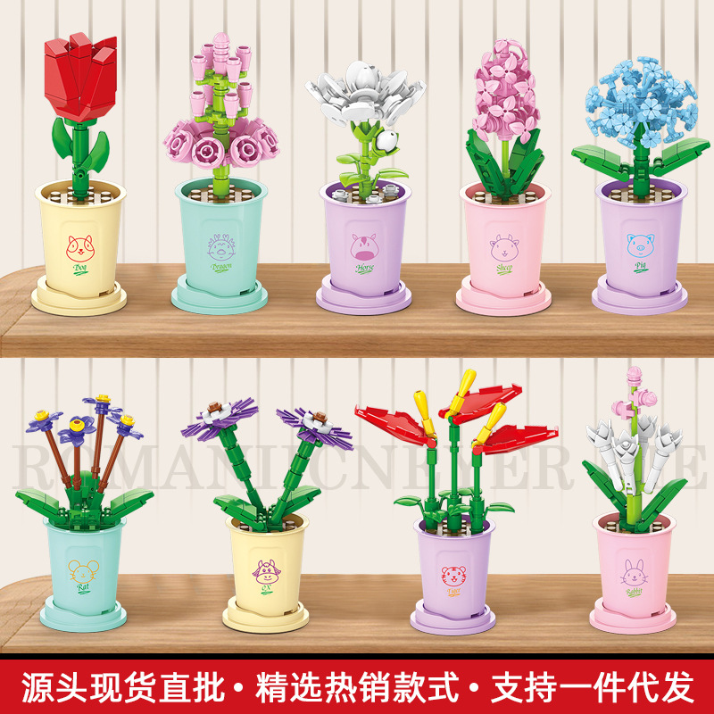 中国积木多肉植物盆栽花束摆件小颗粒拼装玩具益智女生生日礼物