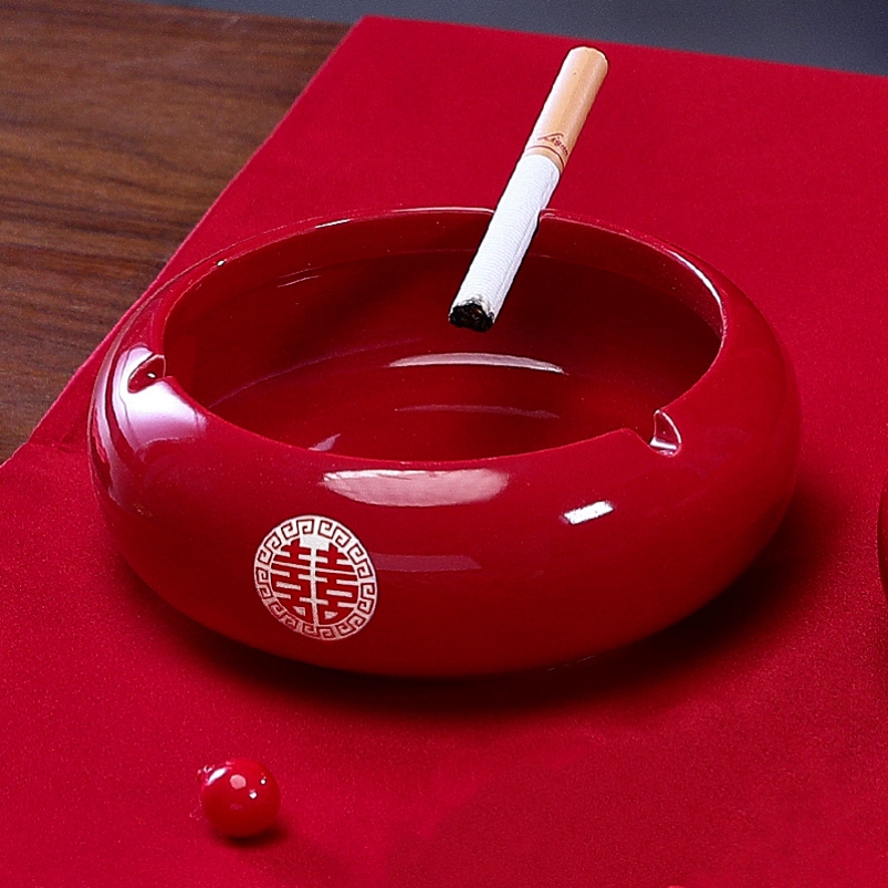 结婚烟灰缸红色陶瓷创意个性潮流家用客厅婚礼喜字烟缸婚庆用品不