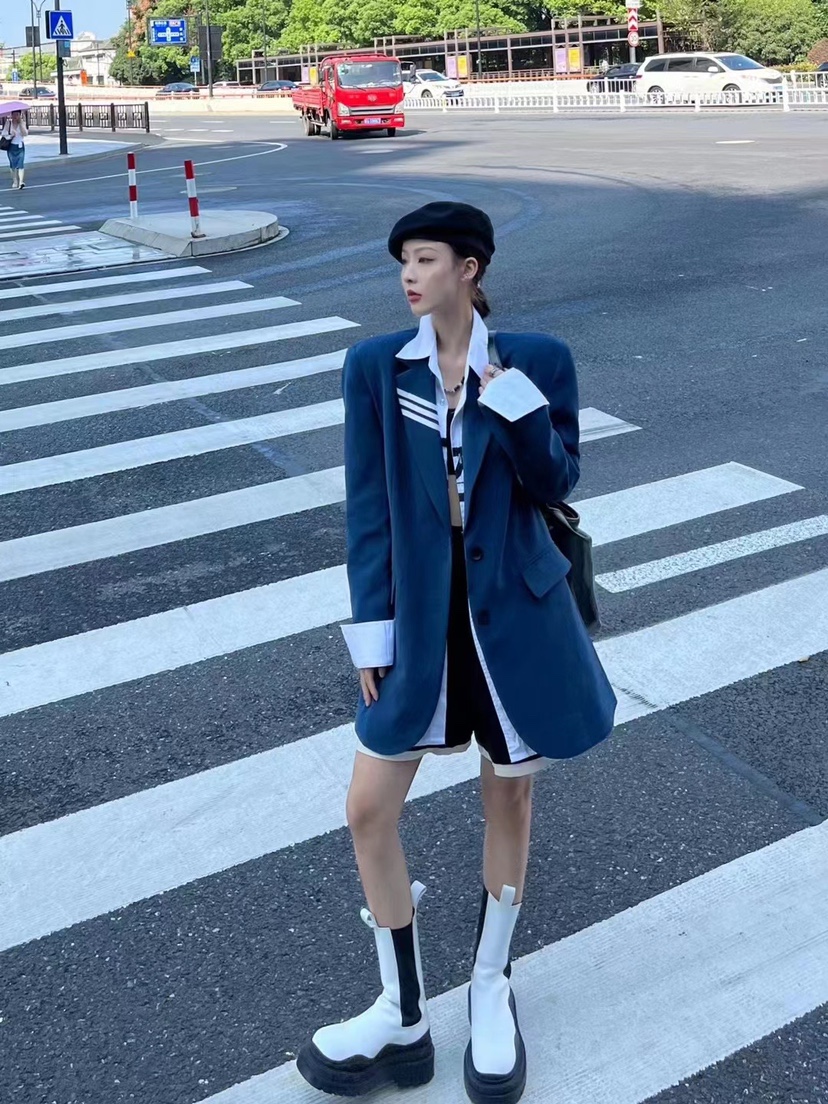 GG潮牌正品2022秋季新款女装蓝色气质高街条纹宽松小西服西装外套