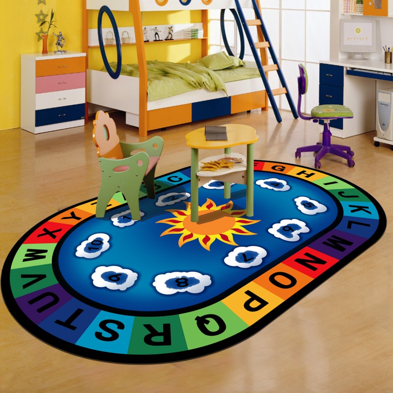 卡通字母儿童房地毯 幼儿益智早教logo数字拼音椭圆形地垫定制