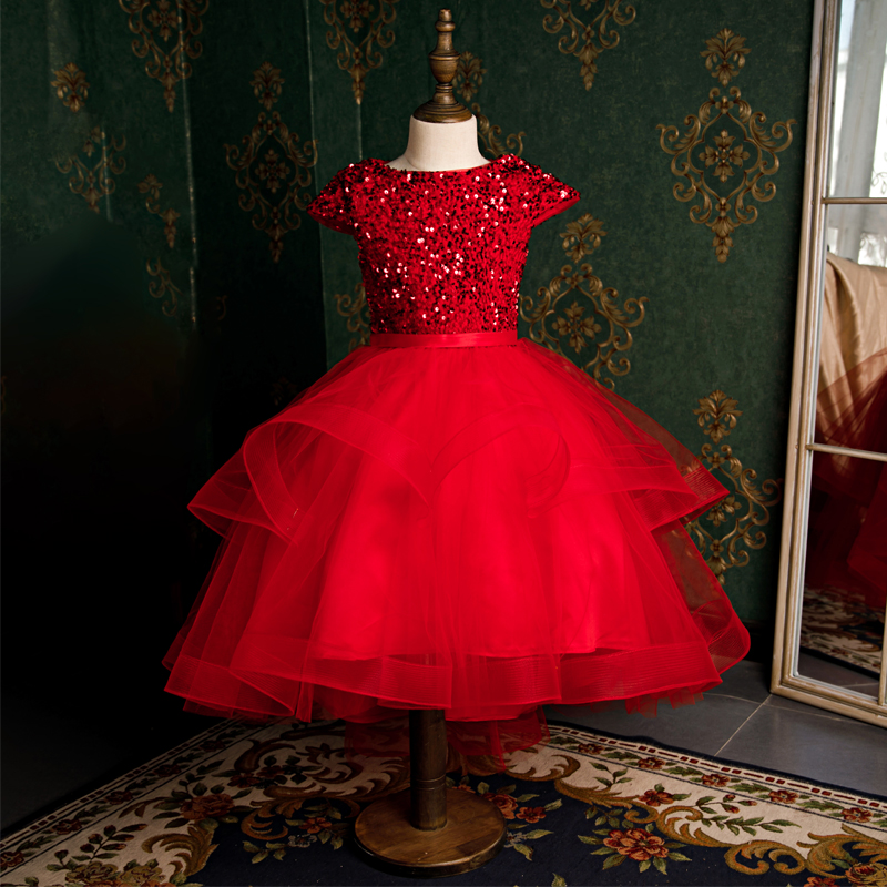 儿童礼服公主裙洋气红色钢琴演奏主持人生日礼走秀婚礼花童演出服