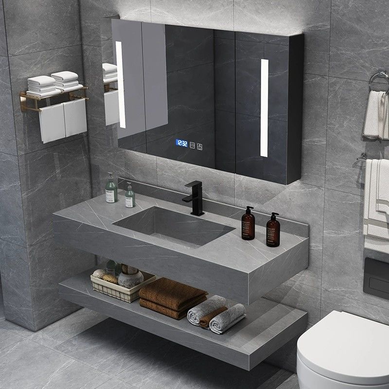 岩板浴室柜组合一体无缝盆双层岩板家用洗手洗漱台智能镜柜卫生间