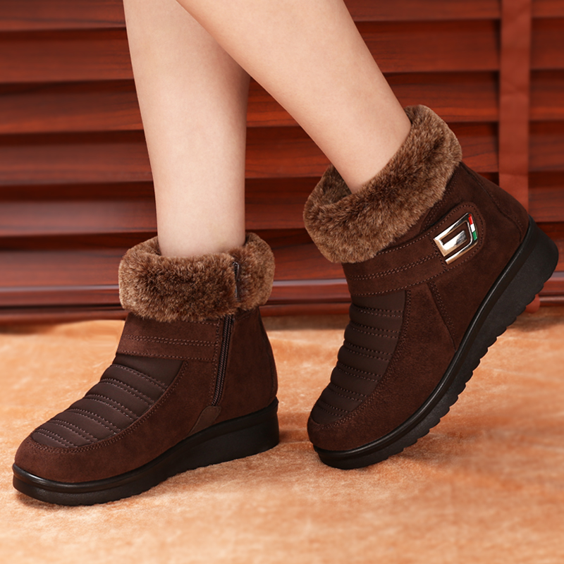 御福德老北京女冬季中年妈妈鞋平底兔毛加绒加厚保暖防滑老人棉靴