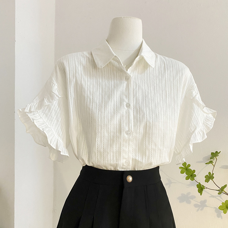 白色POLO领喇叭袖衬衫女夏季设计感小众宽松气质减龄洋气短袖上衣