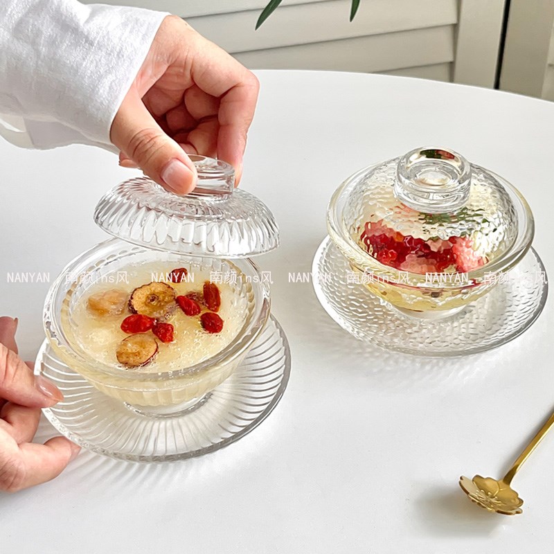 燕窝碗精致高级带盖银耳小炖盅水晶玻璃糖水碗加厚款透明甜汤碗碟