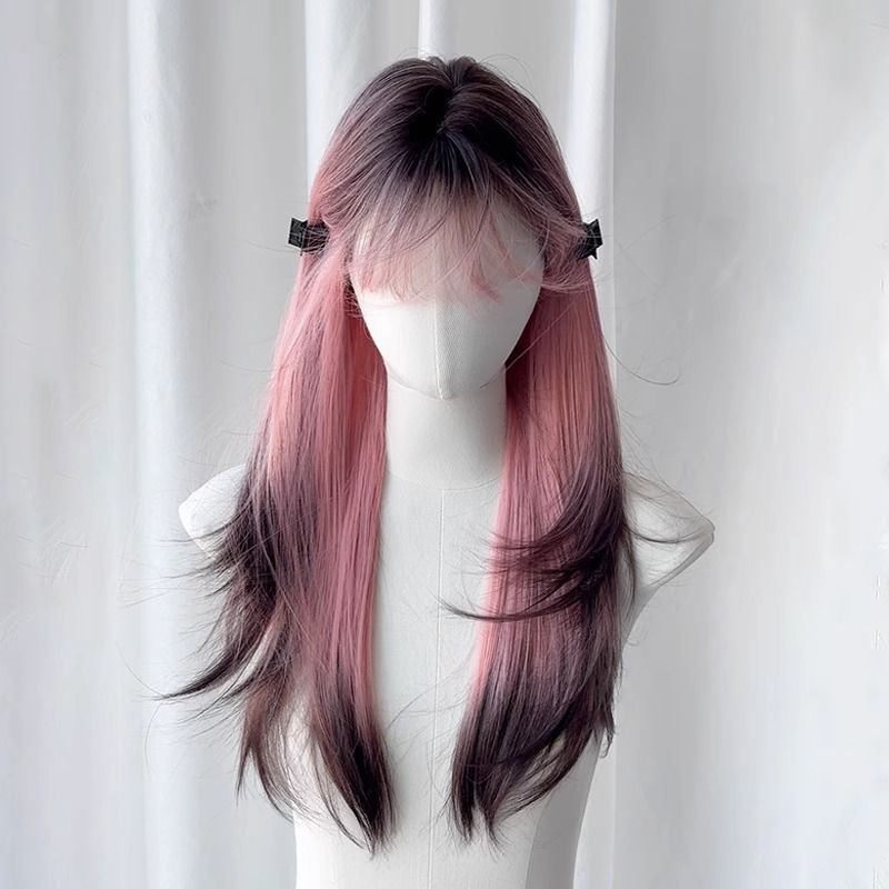 粉色暹罗猫假发女渐变高层次草莓奥丽奥爆顶黑粉渐变色长发全头套