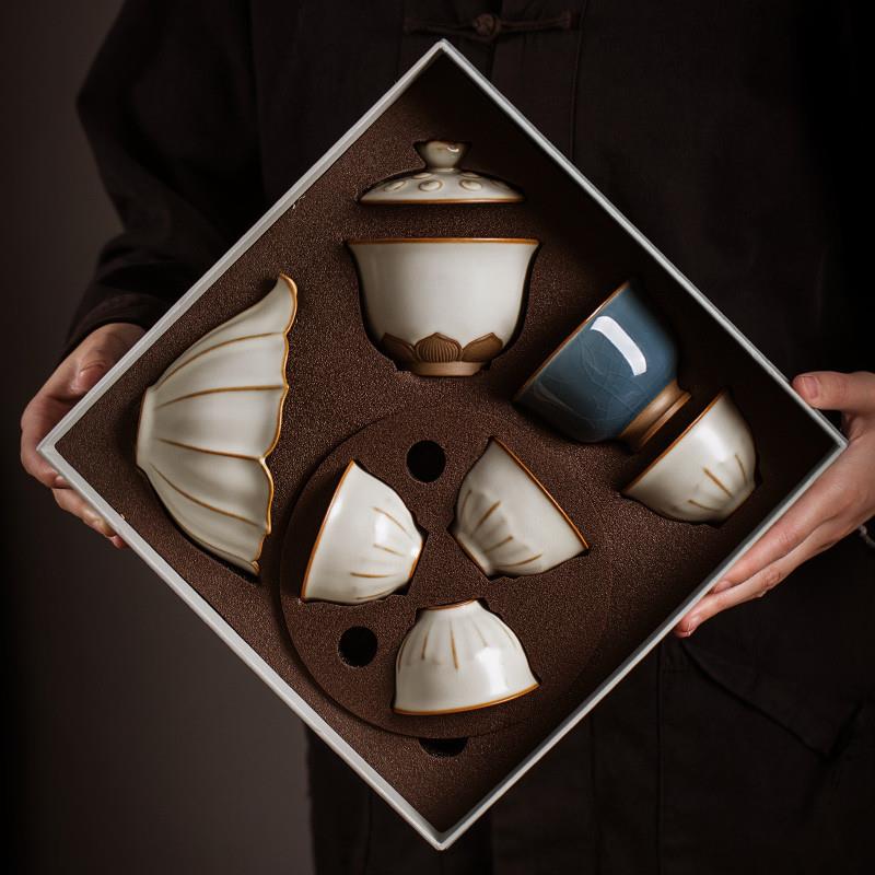 月白汝窑茶具套装家用高端轻奢功夫茶杯办公会客瓷盖碗泡茶壶整套