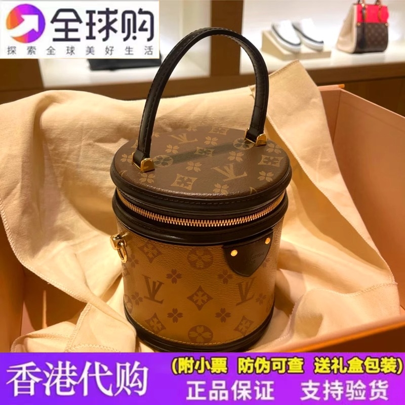香港专柜女包2024新款夏季老花发财桶包真皮圆筒包单肩斜跨小包包