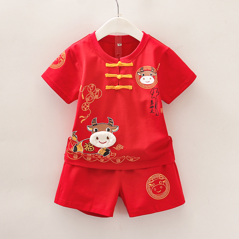男童唐装套装一周岁宝宝抓周礼服儿童红色女孩夏季周岁宴衣服冠衣