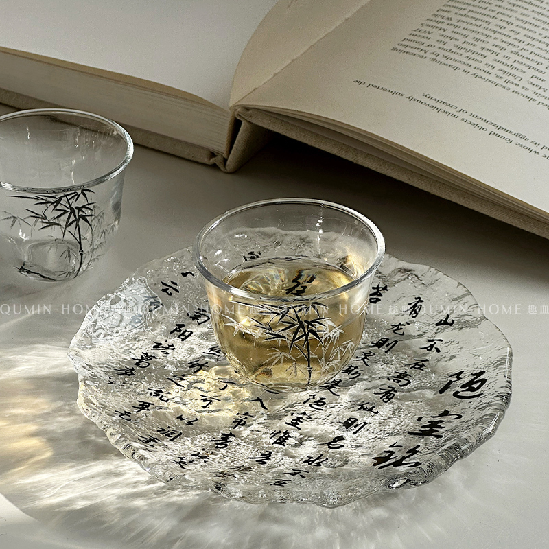 趣皿*新中式水墨竹个人小茶杯陋室铭冰川碟子家用玻璃杯碟品茗杯