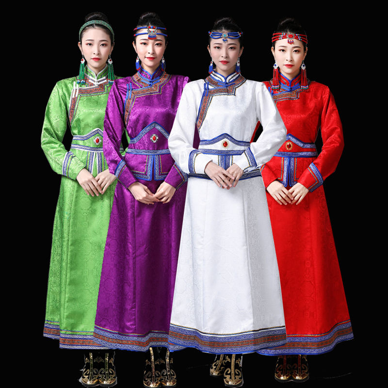 蒙古袍女生活装长款日常服成人蒙古服装白色礼服演出表演舞蹈服女