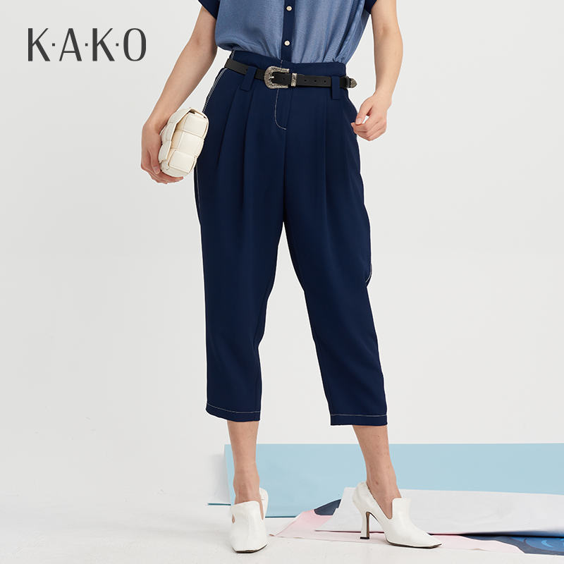 KAKO夏季女士休闲裤直筒雪纺高腰薄款显瘦休闲舒适九分裤