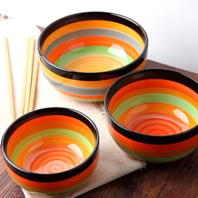 家用陶瓷饭碗彩虹手绘创意餐具微波炉加厚泡面套装大促米饭面汤碗