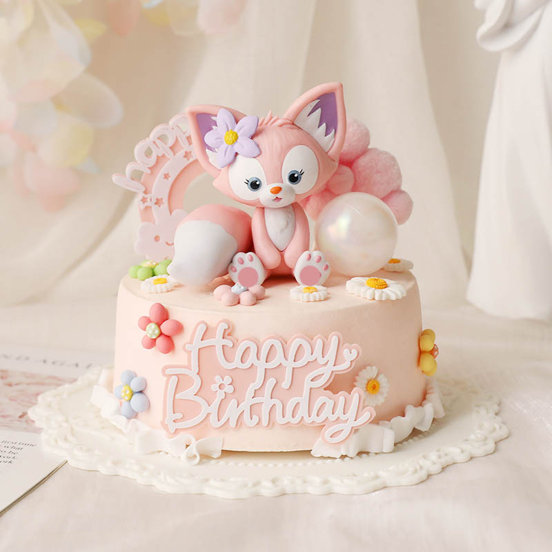 网红川沙妲己粉色小狐狸蛋糕摆件生日派对卡通可爱小动物甜品插件