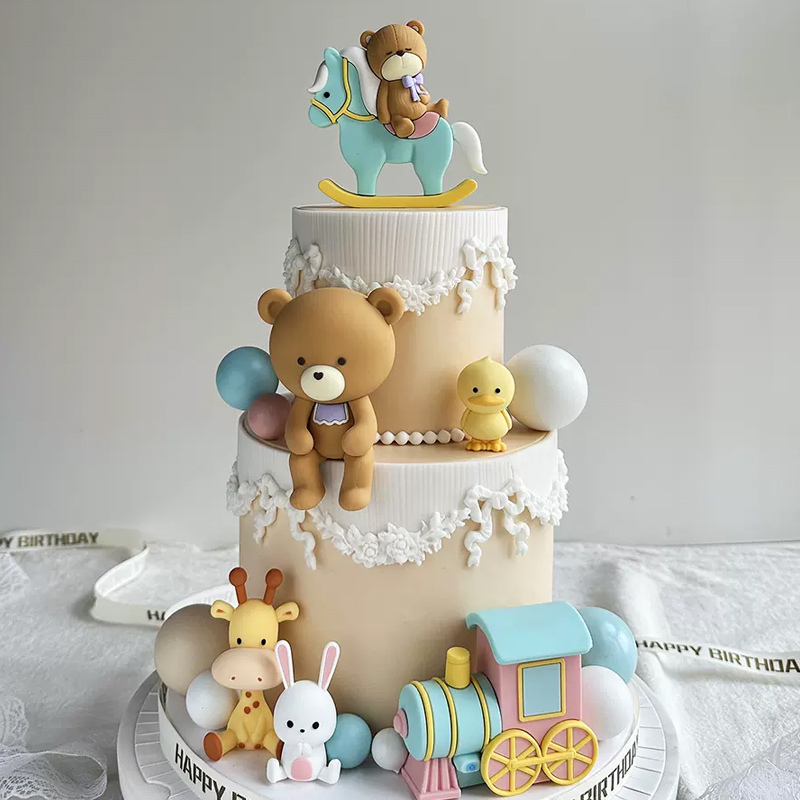 儿童生日蛋糕装饰粉蓝木马小熊火车头软胶摆件卡通可爱小动物插牌