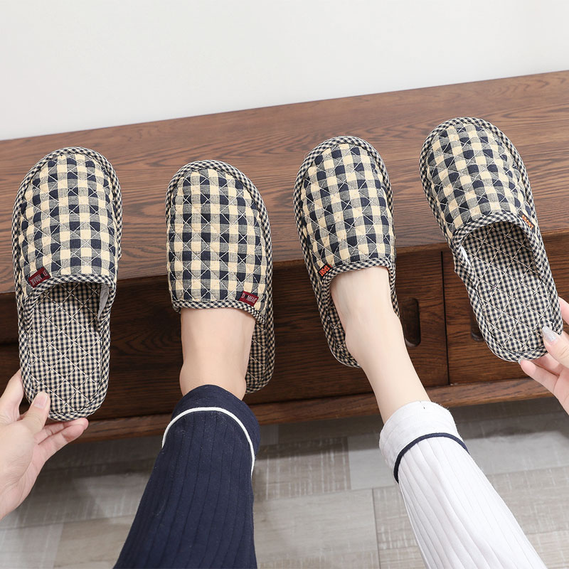 新款秋冬季防滑橡胶底包头棉拖鞋地板地砖情侣格子居家室内可机洗