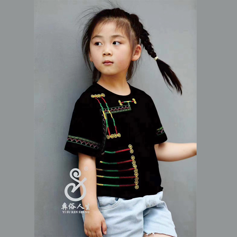 彝俗人生阿都款儿童装小孩子体恤t恤凉山彝族民族风刺绣花短袖服
