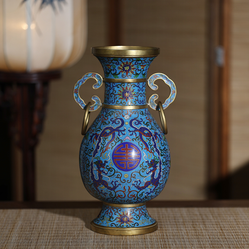 宫廷式铜胎掐丝珐琅器景泰蓝花瓶螭龙双耳尊文玩收藏客厅中式摆件