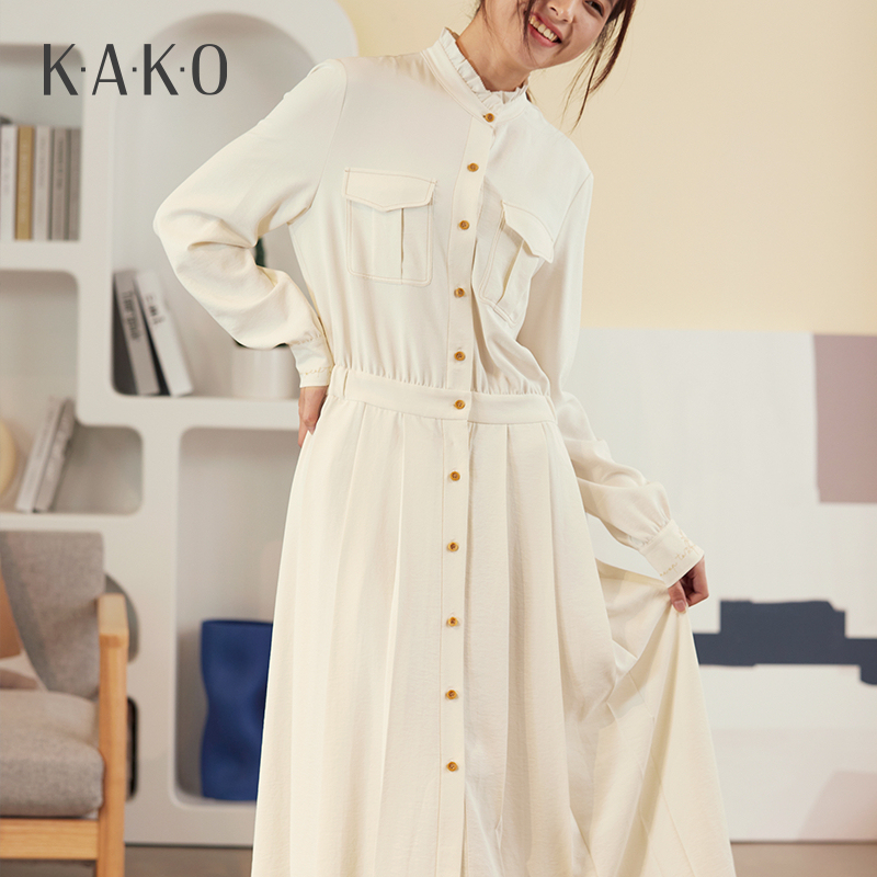KAKO女装新品连衣裙收腰长袖过膝显瘦高级感小众设计裙子