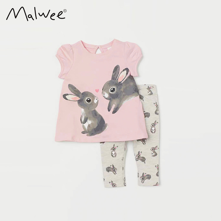 女童休闲套装 夏季外贸童儿童兔子印花短袖t恤宝宝打底裤两件套潮
