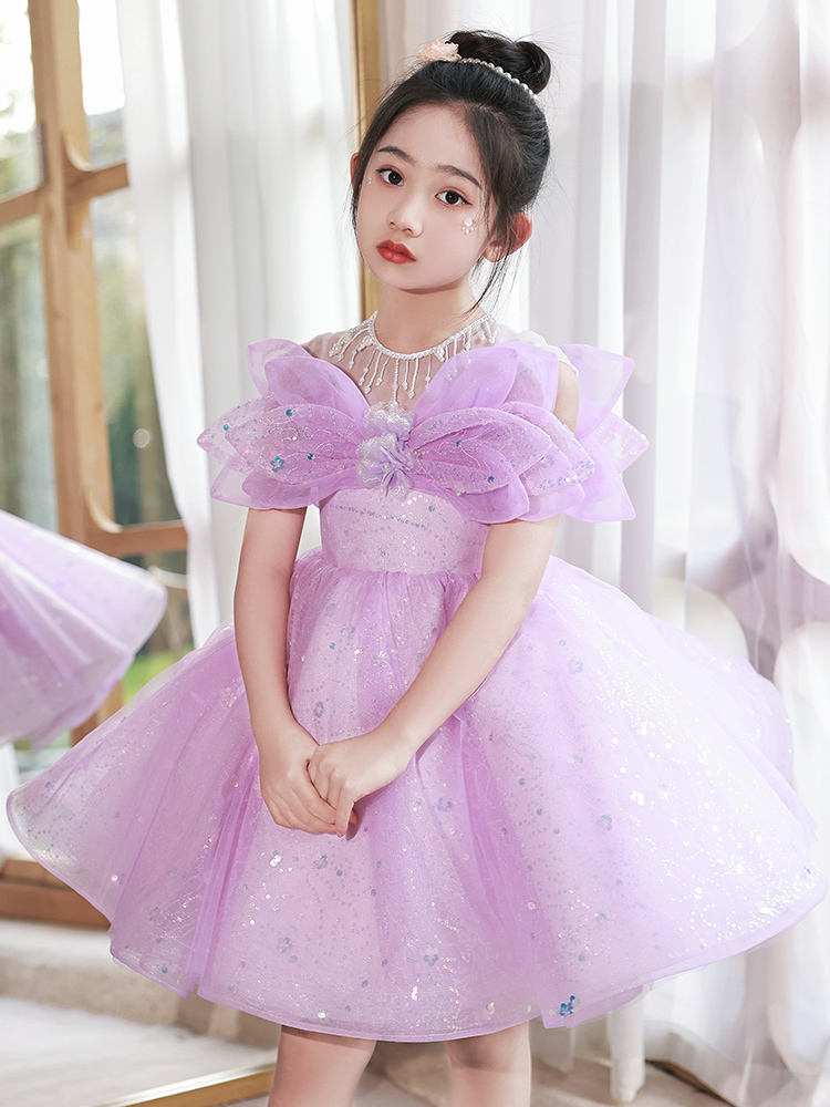 女童主持人晚礼服高端轻奢小众小女孩生日公主裙洋气紫色儿童礼服