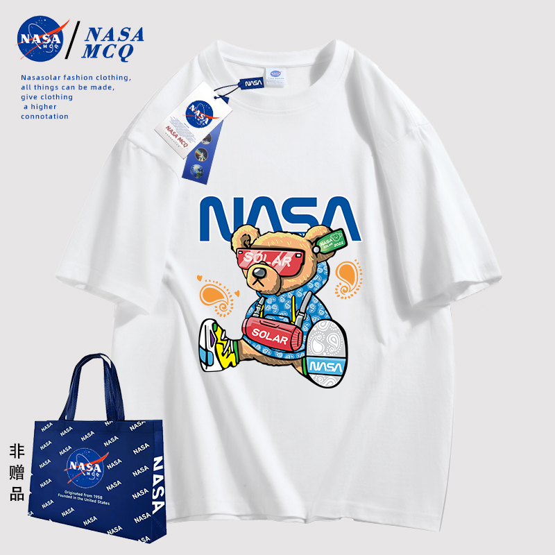 NASA MCQ联名2024夏季时尚百搭动漫小熊印花男士情侣同款T恤FY