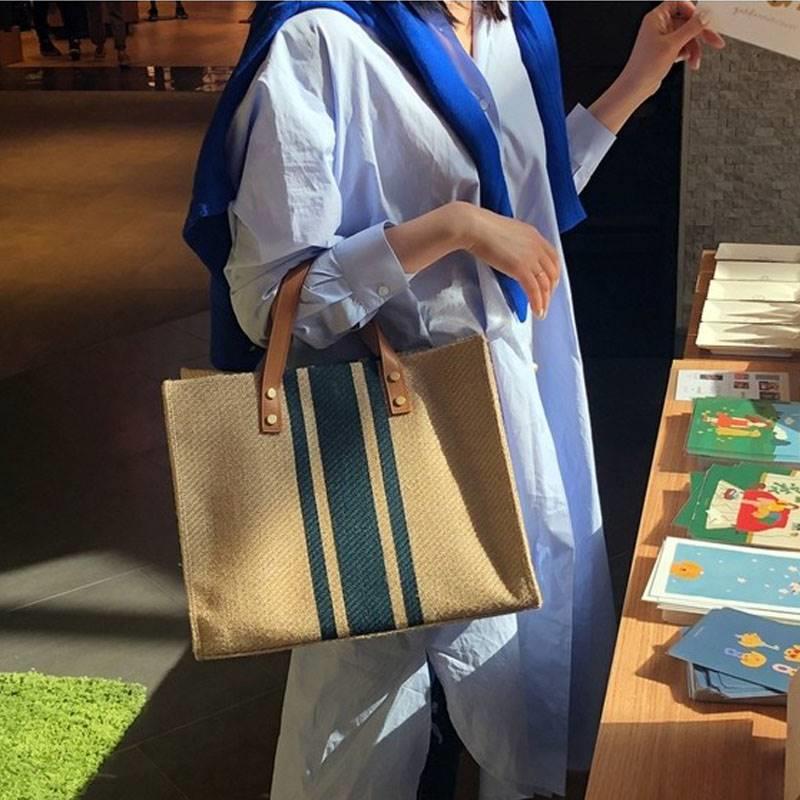 韩版女士手提公文包职业通勤条纹简约单肩大包包ins大容量帆布包
