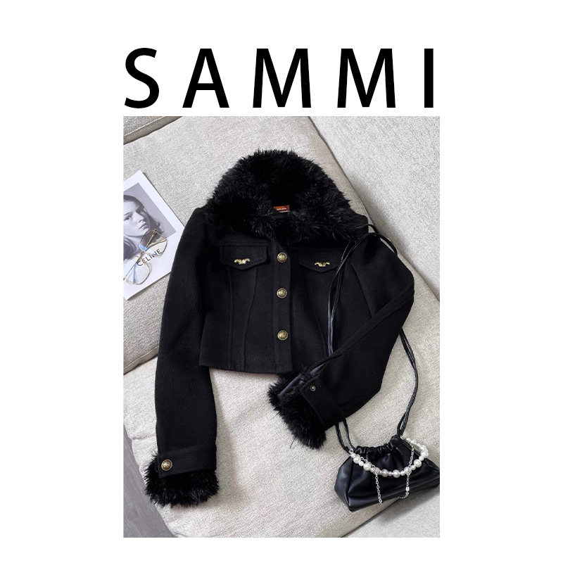 SAMMI7381加绒小香风气质名媛女百搭毛领短款夹克夹高级感外套女