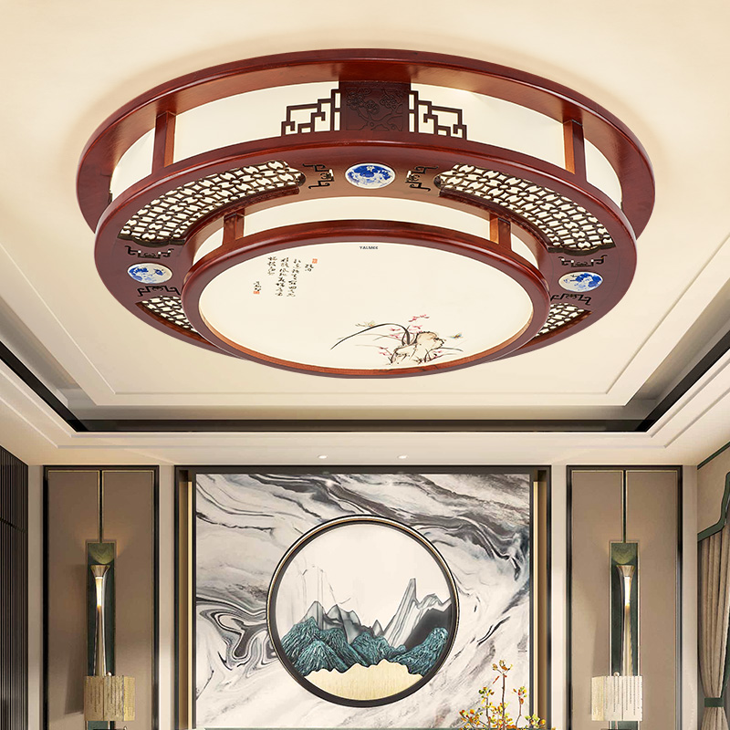 中式实木LED吸顶灯客厅卧室天猫精灵智能遥控中国风圆形木艺灯饰