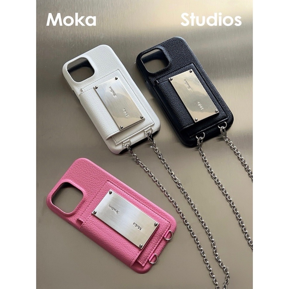 MokaStudios新款小众创意可斜挎卡包式纯色皮质15promax背带手机壳金属链条14pro个性13保护套高级感挂绳防摔