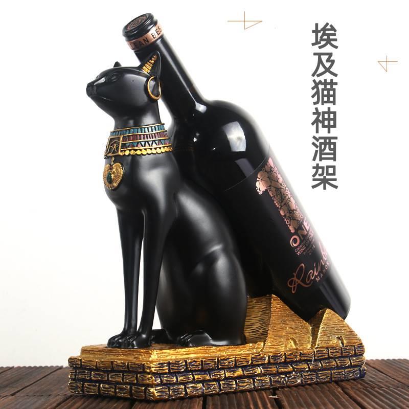 源头工厂直销创意埃及猫神黑猫复古红酒架树脂工艺品客厅装饰摆件