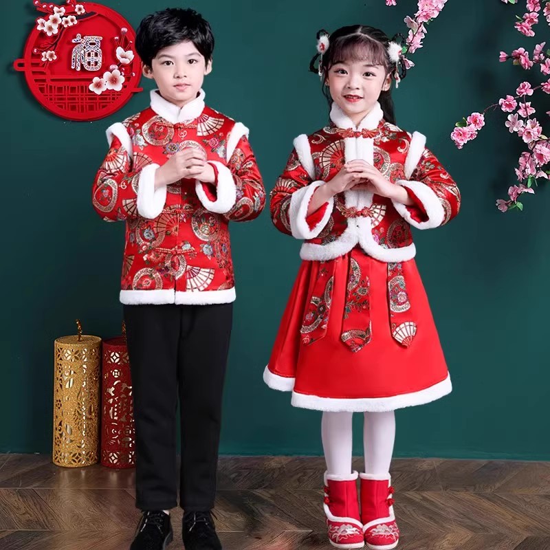 元旦儿童喜庆演出服加绒中国演风JKR男女童拜红服龙年新年开门表