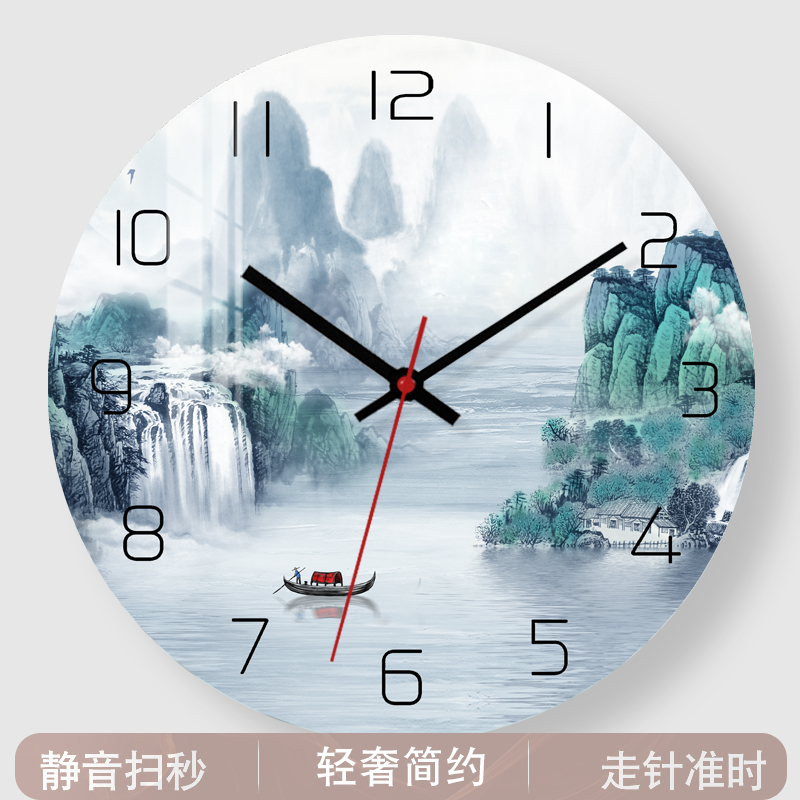 新中式山水画钟表挂钟客厅静音简约时钟挂墙现代时尚创意大气壁钟