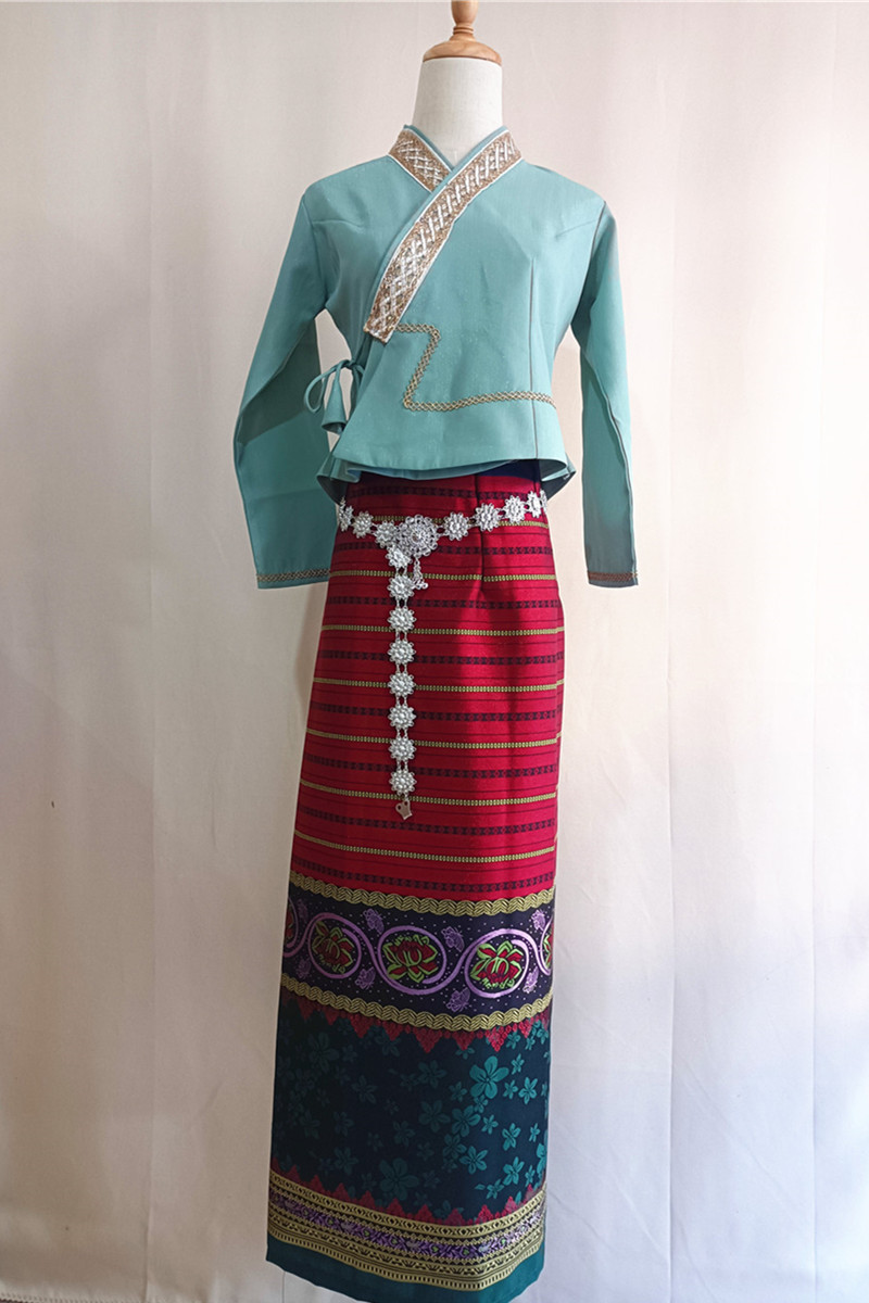 春秋新款西双版纳傣族服装女长袖上衣系带长裙传统傣族裙套装民族