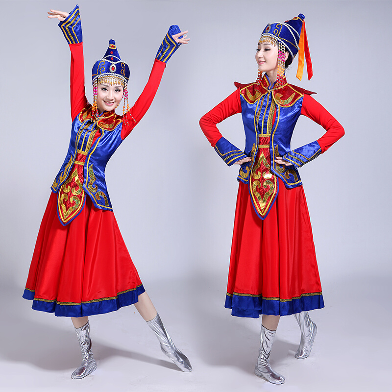新款欢乐姑娘蒙古族舞蹈服装女新款筷子表演服红色修身短款蒙古袍