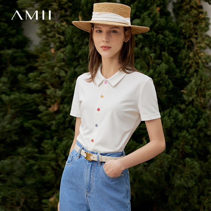 Amii2024夏新款短袖T恤女时尚休闲POLO衫彩虹色纽扣针织修身上衣