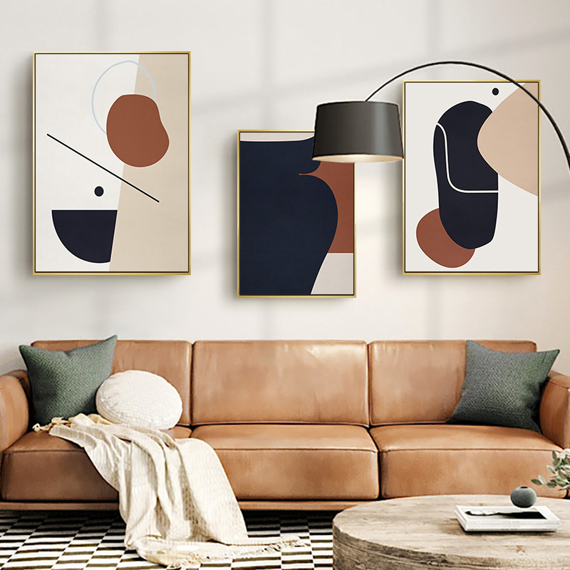 客厅装饰画莫兰迪现代简约沙发背景墙挂画几何三联画抽象壁画北欧
