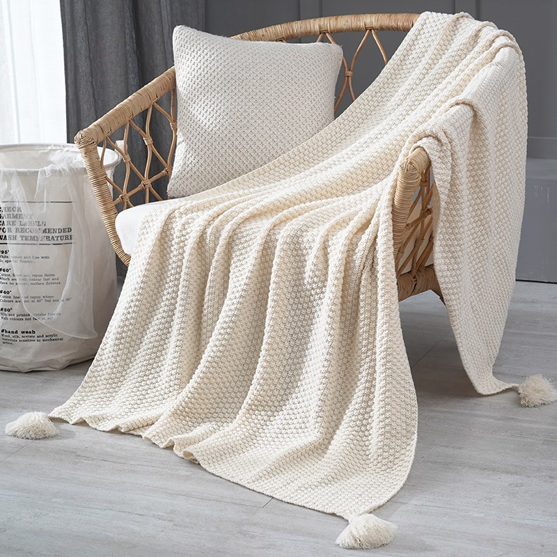 北欧风沙发盖毯办公室q午睡毯子流苏针织球毛线家用休闲空调小