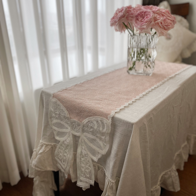 欧式法式高档刺绣蕾丝桌旗布艺蝴蝶结斗柜梳妆台餐桌茶几长条盖巾