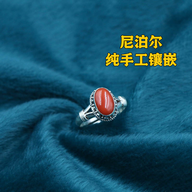尼泊尔手工S925银饰品红色宝石戒指女开口指环流行简约复古民族风