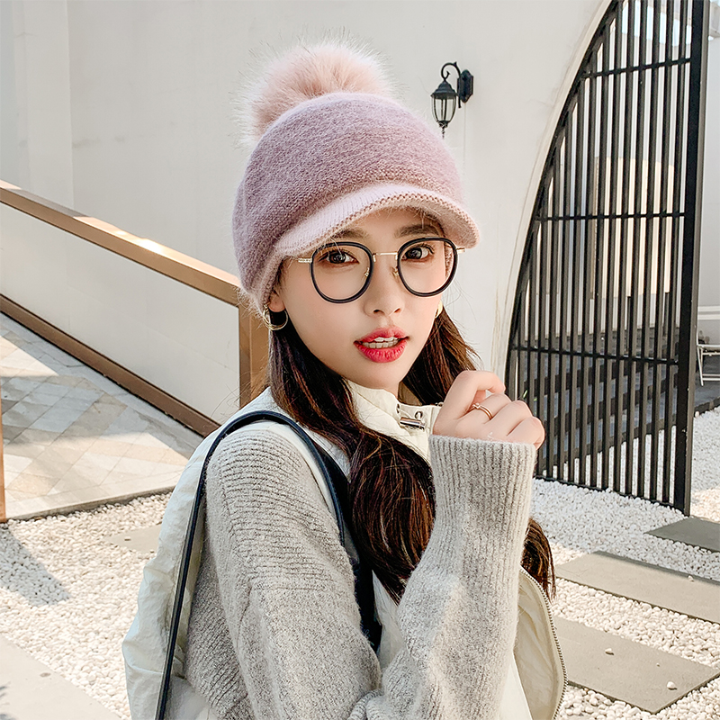 帽子女冬季韩版新款兔毛鸭舌帽潮时尚百搭加厚保暖护耳针织毛线帽