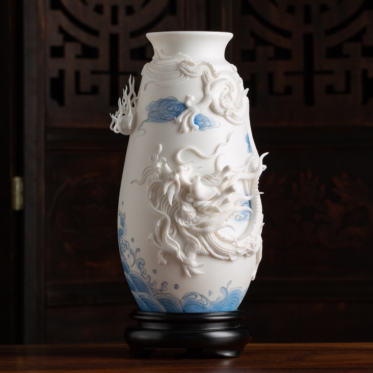 德化陶瓷 花瓶摆件 林丽品瓷线雕中国白羊脂玉白瓷客厅电视柜摆件