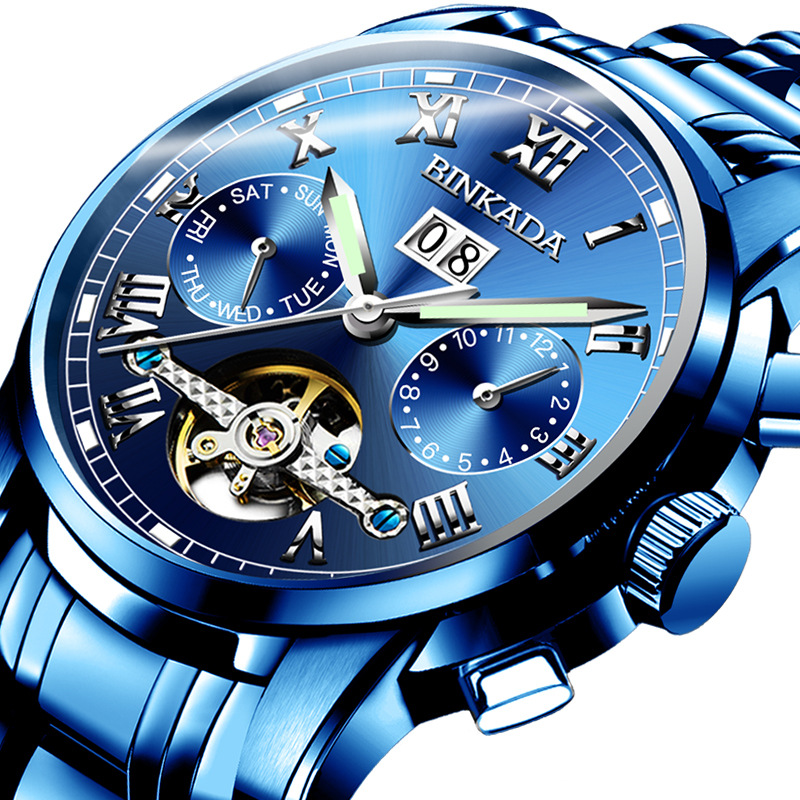 宾卡达爆款全蓝色手表男士机械表时尚精钢全自动镂空防水男表