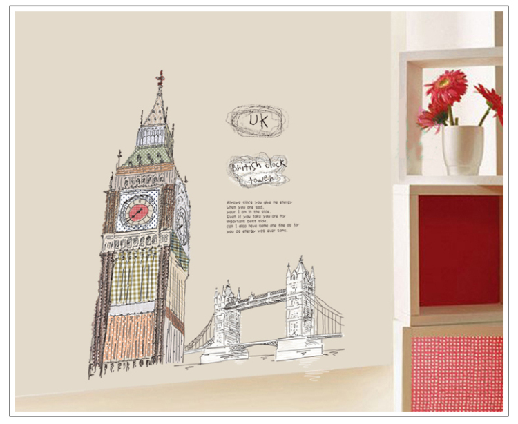 建筑斜塔客厅卧室自粘拼图背景墙壁纸 伦敦钟楼装饰书房墙贴画纸