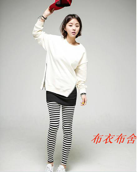 韩版女装纯棉纯色黑白条纹加肥加大基本款莱卡棉打底裤量身定做