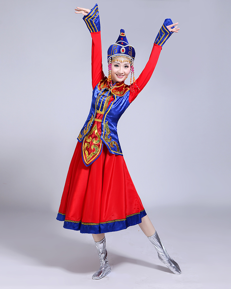 新款欢乐姑娘蒙古族舞蹈服装女新款筷子表演服红色修身短款蒙古袍