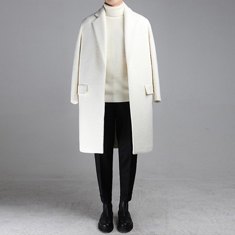 秋冬季男士羊绒大衣韩版呢子中长款翻领风衣白色外套潮流时尚青年