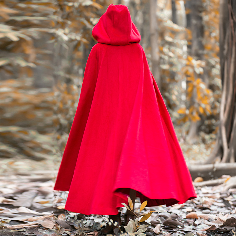 冬装加厚披风外套文艺大红色巫师帽大摆超长款斗篷毛呢复古大衣女
